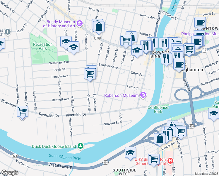 map of restaurants, bars, coffee shops, grocery stores, and more near 76 Chapin Street in Binghamton