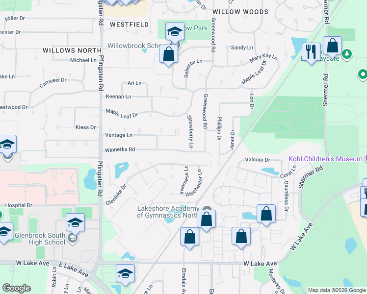 map of restaurants, bars, coffee shops, grocery stores, and more near 3339 Winnetka Road in Glenview