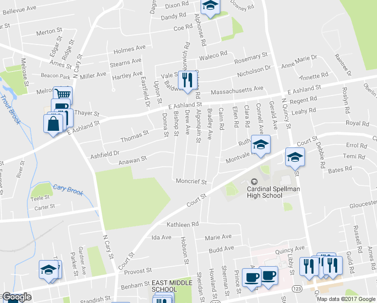 map of restaurants, bars, coffee shops, grocery stores, and more near 133 Drew Avenue in Brockton