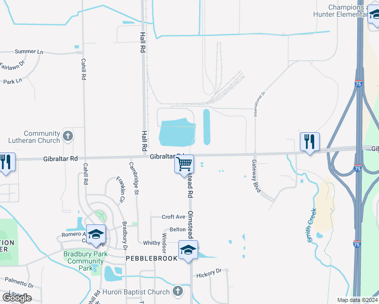 map of restaurants, bars, coffee shops, grocery stores, and more near 23130 Gibraltar Road in Flat Rock