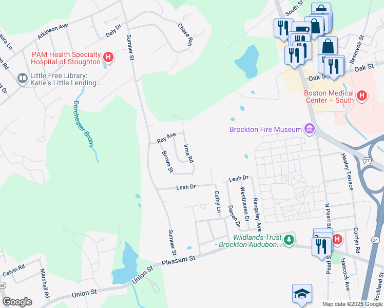map of restaurants, bars, coffee shops, grocery stores, and more near 55 Irma Road in Brockton