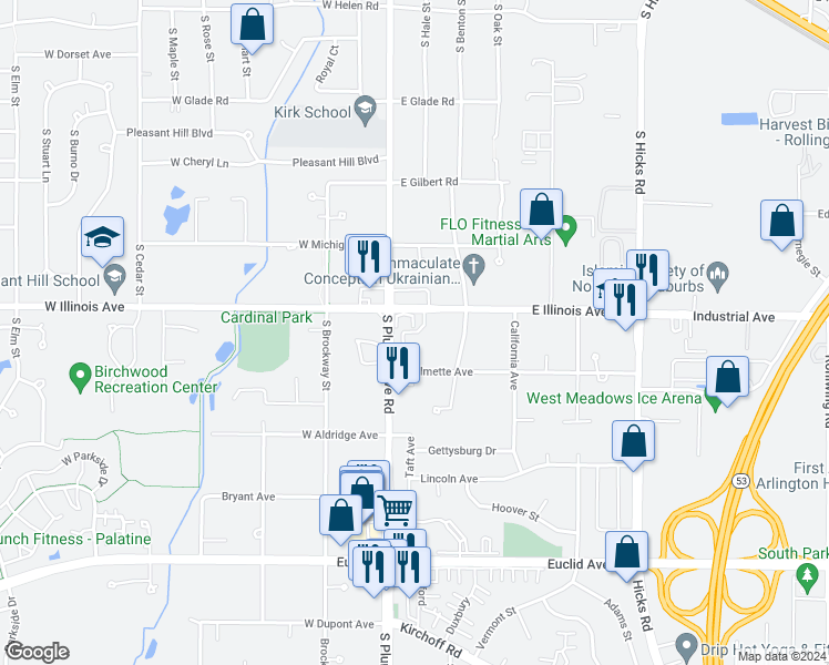 map of restaurants, bars, coffee shops, grocery stores, and more near South Insignia Court in Palatine