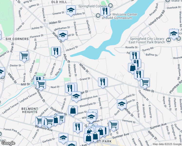map of restaurants, bars, coffee shops, grocery stores, and more near 81 White Street in Springfield