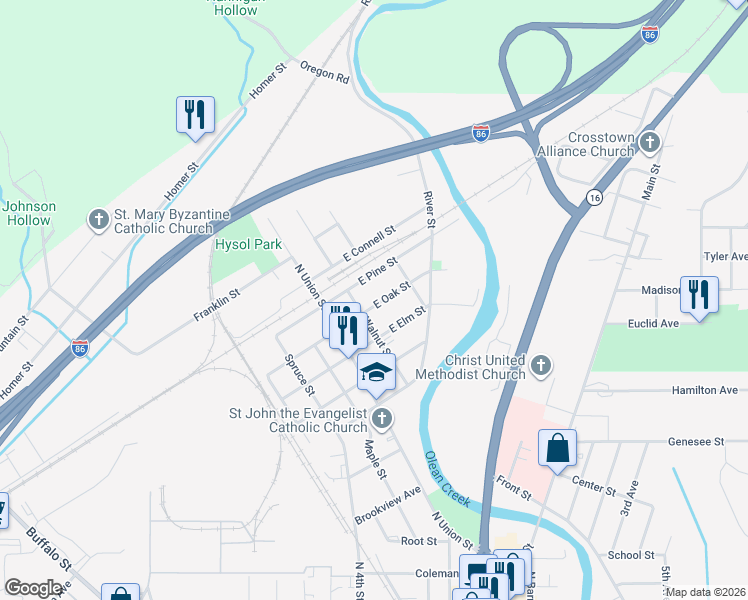 map of restaurants, bars, coffee shops, grocery stores, and more near 213 East Oak Street in Olean