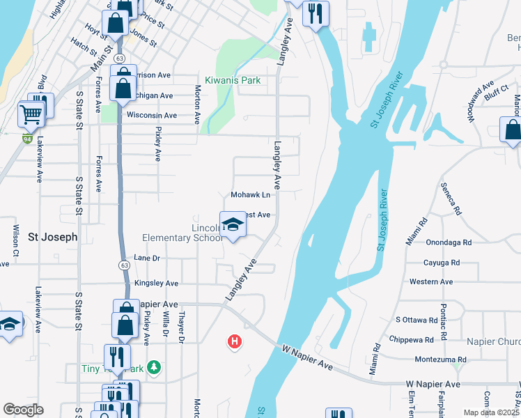 map of restaurants, bars, coffee shops, grocery stores, and more near 1222 Hillcrest Avenue in St. Joseph