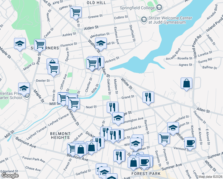 map of restaurants, bars, coffee shops, grocery stores, and more near 347 Oakland Street in Springfield