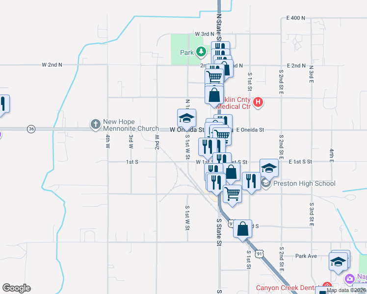 map of restaurants, bars, coffee shops, grocery stores, and more near 40 South 1st West Street in Preston