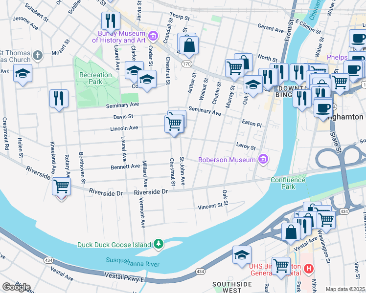 map of restaurants, bars, coffee shops, grocery stores, and more near 42 Saint John Avenue in Binghamton