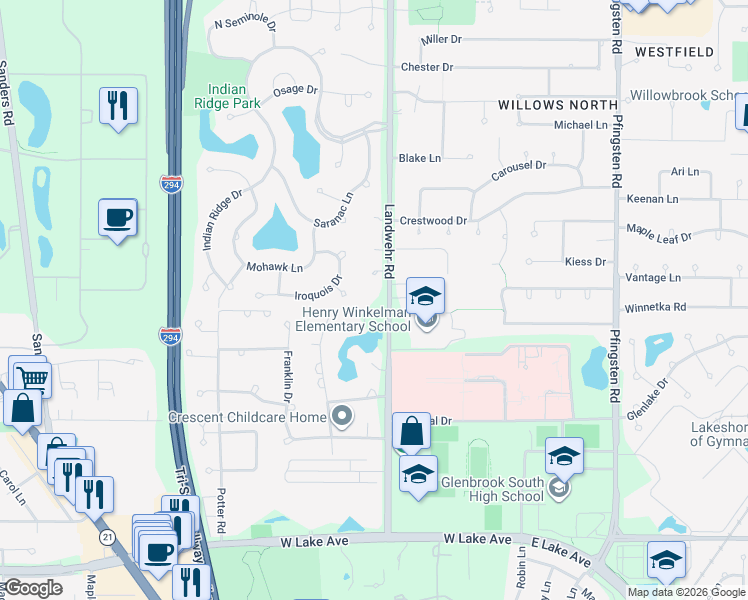 map of restaurants, bars, coffee shops, grocery stores, and more near 3246 Landwehr Road in Northbrook
