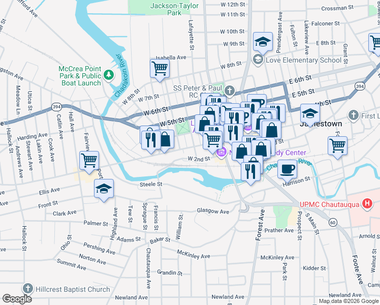 map of restaurants, bars, coffee shops, grocery stores, and more near 404 West 2nd Street in Jamestown