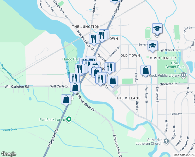 map of restaurants, bars, coffee shops, grocery stores, and more near 26228 Huron River Drive in Flat Rock