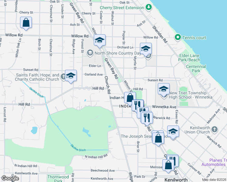 map of restaurants, bars, coffee shops, grocery stores, and more near 568 Hill Terrace in Winnetka