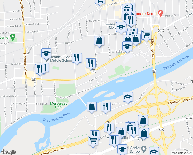 map of restaurants, bars, coffee shops, grocery stores, and more near 604 South Street in Endicott