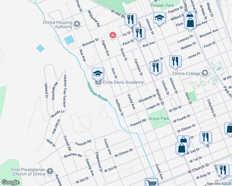 map of restaurants, bars, coffee shops, grocery stores, and more near 856 Hoffman Street in Elmira