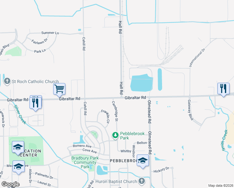 map of restaurants, bars, coffee shops, grocery stores, and more near 23525 Gibraltar Road in Flat Rock