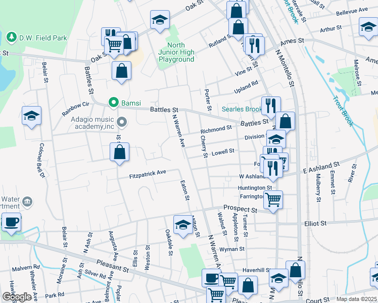 map of restaurants, bars, coffee shops, grocery stores, and more near 433 North Warren Avenue in Brockton