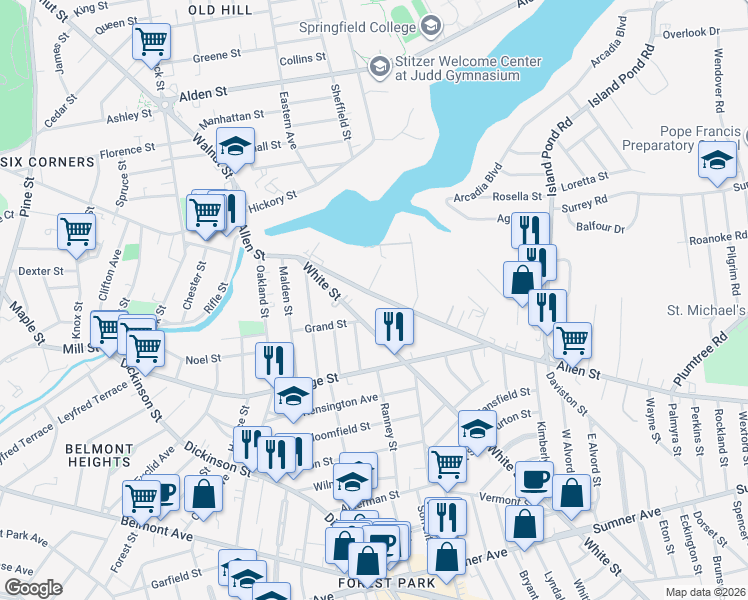 map of restaurants, bars, coffee shops, grocery stores, and more near 119 White Street in Springfield