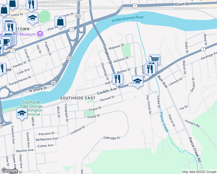 map of restaurants, bars, coffee shops, grocery stores, and more near 214 Conklin Avenue in Binghamton