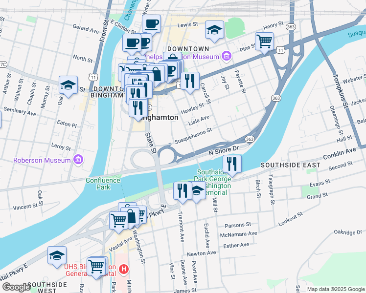 map of restaurants, bars, coffee shops, grocery stores, and more near 21 Exchange Street in Binghamton