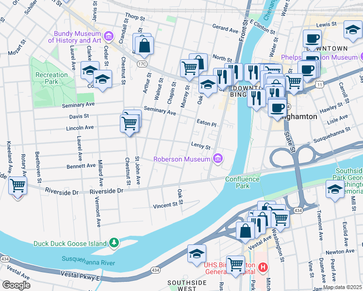 map of restaurants, bars, coffee shops, grocery stores, and more near 60 Murray Street in Binghamton