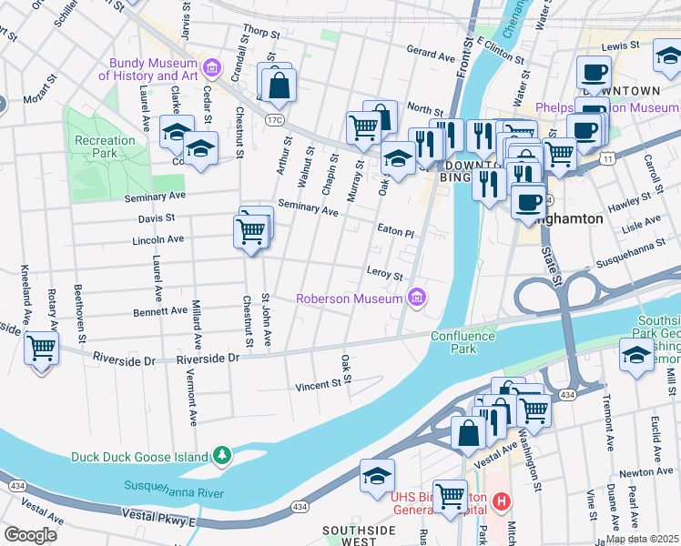 map of restaurants, bars, coffee shops, grocery stores, and more near 60 Murray Street in Binghamton