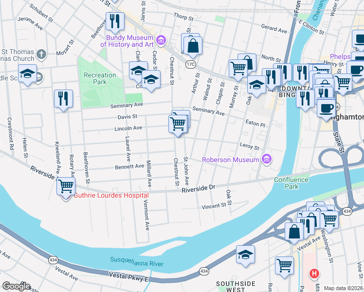 map of restaurants, bars, coffee shops, grocery stores, and more near 23 Walnut Street in Binghamton