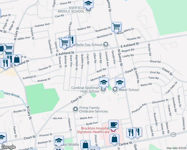 map of restaurants, bars, coffee shops, grocery stores, and more near 19 Montvale Road in Brockton