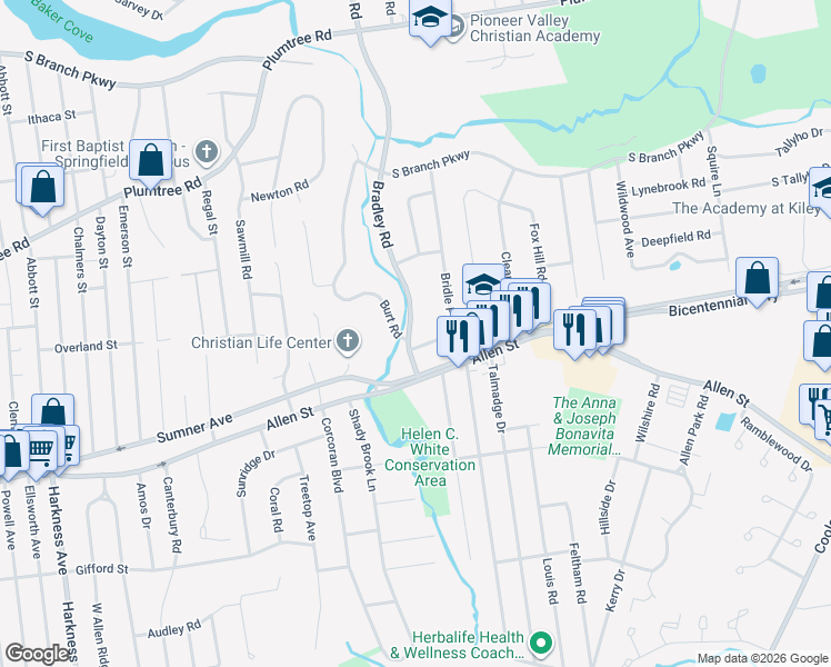 map of restaurants, bars, coffee shops, grocery stores, and more near 1330 Bradley Road in Springfield