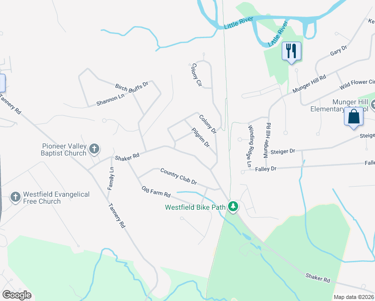 map of restaurants, bars, coffee shops, grocery stores, and more near 1074 Shaker Road in Westfield