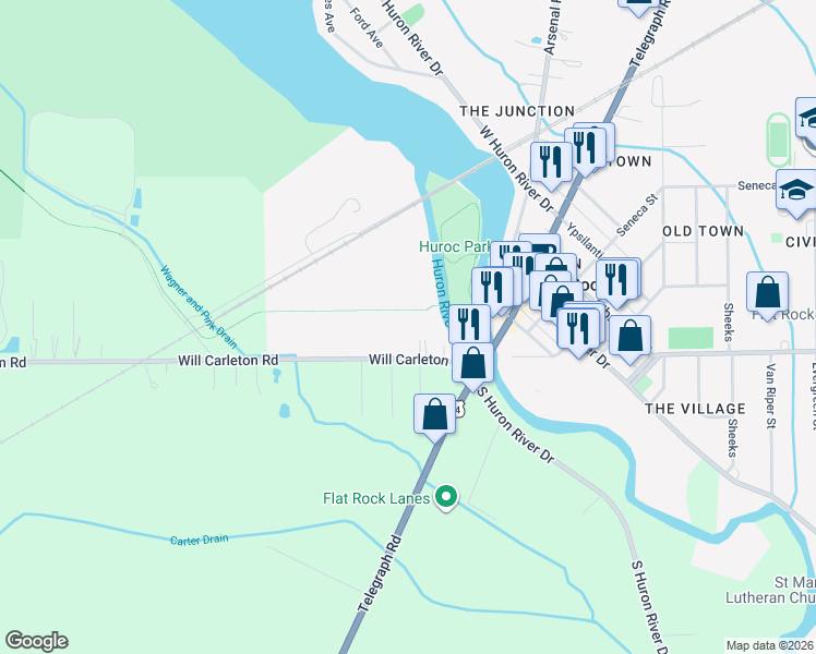 map of restaurants, bars, coffee shops, grocery stores, and more near 26742 Will Carleton Road in Flat Rock