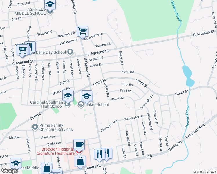 map of restaurants, bars, coffee shops, grocery stores, and more near 43 Debbie Road in Brockton