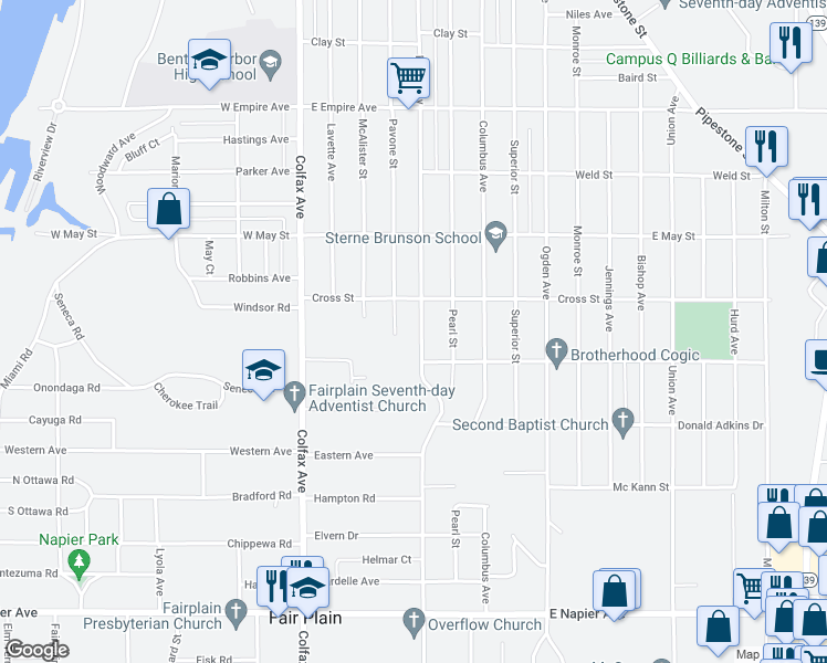 map of restaurants, bars, coffee shops, grocery stores, and more near 1258 Broadway in Benton Harbor