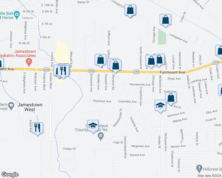 map of restaurants, bars, coffee shops, grocery stores, and more near 50 Warwick Road in Jamestown