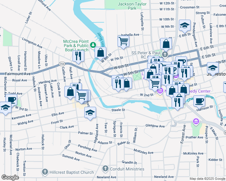 map of restaurants, bars, coffee shops, grocery stores, and more near 560 West 3rd Street in Jamestown