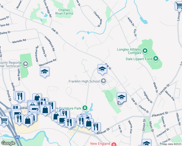 map of restaurants, bars, coffee shops, grocery stores, and more near 218 Oak Street in Franklin