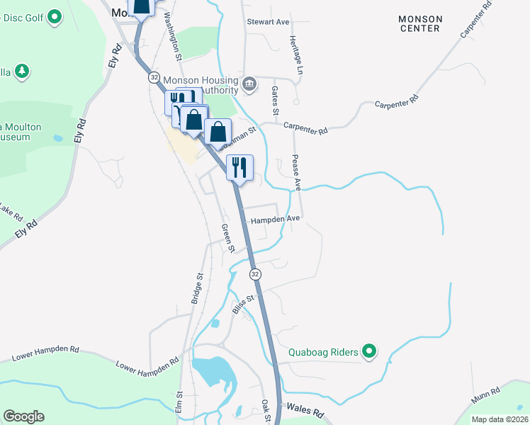 map of restaurants, bars, coffee shops, grocery stores, and more near 14 1/2 Park Avenue in Monson
