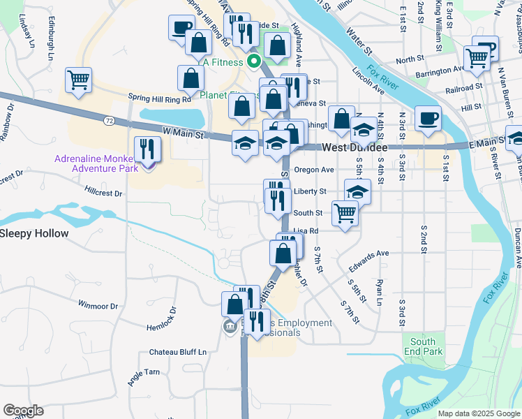map of restaurants, bars, coffee shops, grocery stores, and more near 854-858 Village Quarter Road in West Dundee