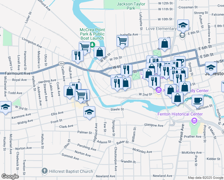 map of restaurants, bars, coffee shops, grocery stores, and more near 560 West 3rd Street in Jamestown
