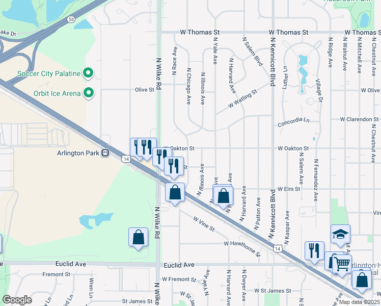map of restaurants, bars, coffee shops, grocery stores, and more near 1107 North Chicago Avenue in Arlington Heights