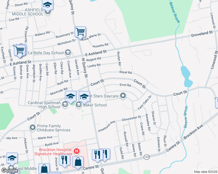 map of restaurants, bars, coffee shops, grocery stores, and more near 913 Court Street in Brockton