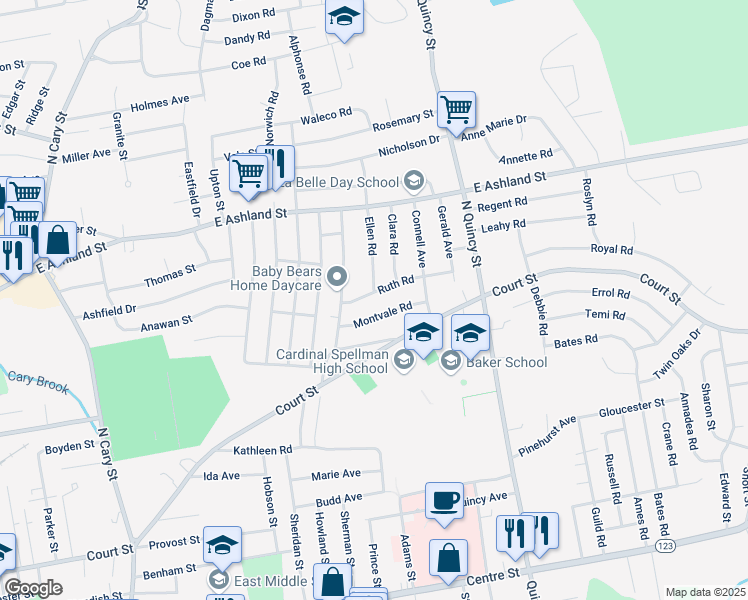 map of restaurants, bars, coffee shops, grocery stores, and more near 14 Ellen Road in Brockton