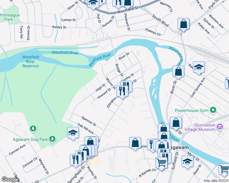 map of restaurants, bars, coffee shops, grocery stores, and more near 128 Cooley Street in Agawam
