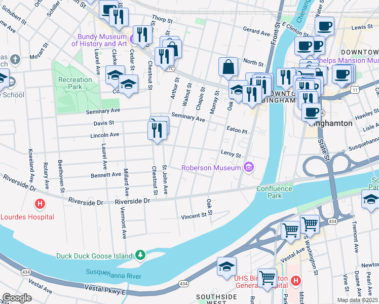 map of restaurants, bars, coffee shops, grocery stores, and more near 48 1/2 Leroy Street in Binghamton