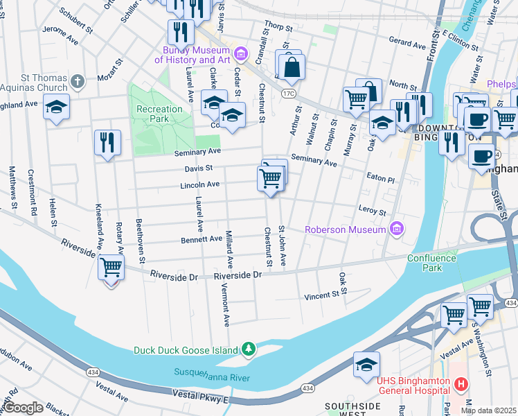 map of restaurants, bars, coffee shops, grocery stores, and more near 45 Chestnut Street in Binghamton
