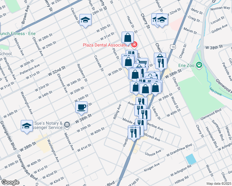 map of restaurants, bars, coffee shops, grocery stores, and more near 952 West 37th Street in Erie