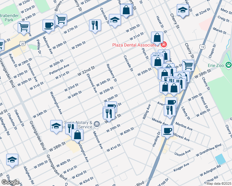 map of restaurants, bars, coffee shops, grocery stores, and more near 1114 West 35th Street in Erie