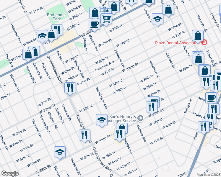map of restaurants, bars, coffee shops, grocery stores, and more near 1376 West 33rd Street in Erie