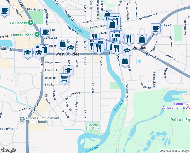 map of restaurants, bars, coffee shops, grocery stores, and more near 301 South 2nd Street in West Dundee