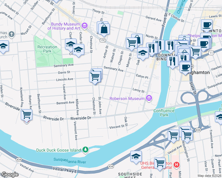 map of restaurants, bars, coffee shops, grocery stores, and more near 87 Chapin Street in Binghamton