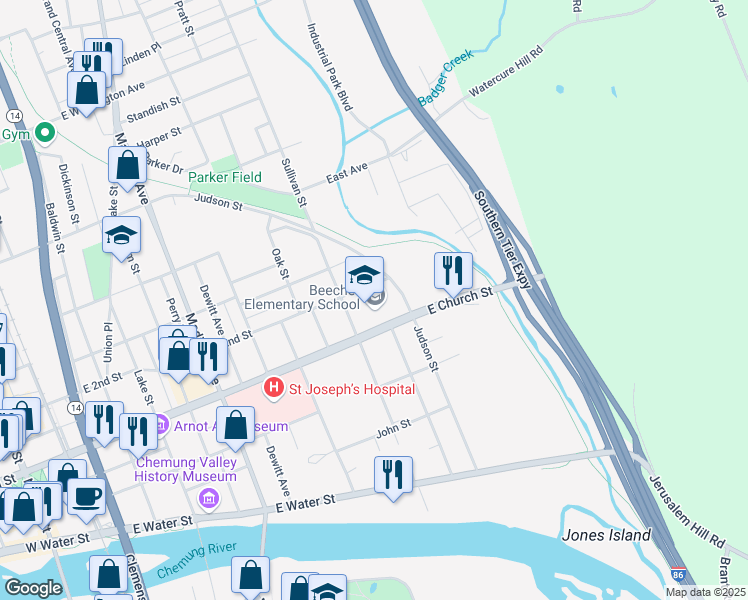 map of restaurants, bars, coffee shops, grocery stores, and more near 310 Sullivan Street in Elmira
